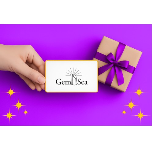 Hand holding a card with 'GemSea' logo next to a gift box with a purple ribbon on a purple background.