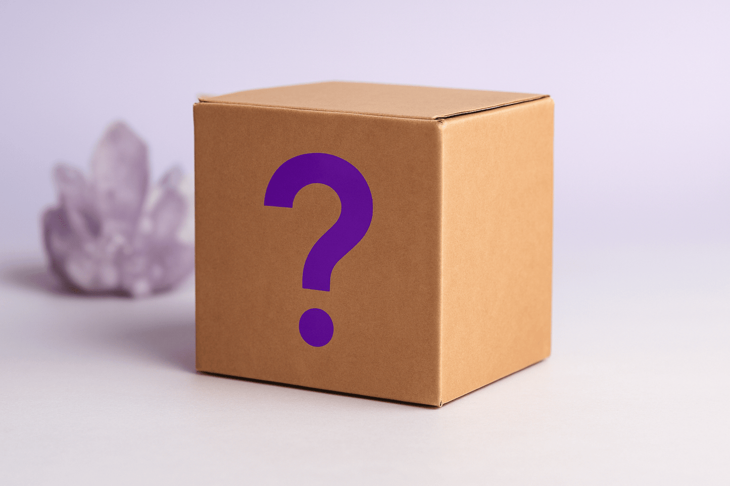 Mystery box with a purple question mark on a light background