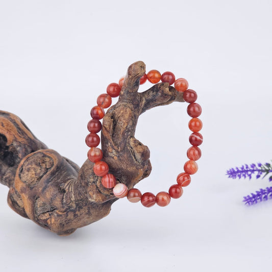 Carnelian beaded bracelet on a piece of driftwood with a white background