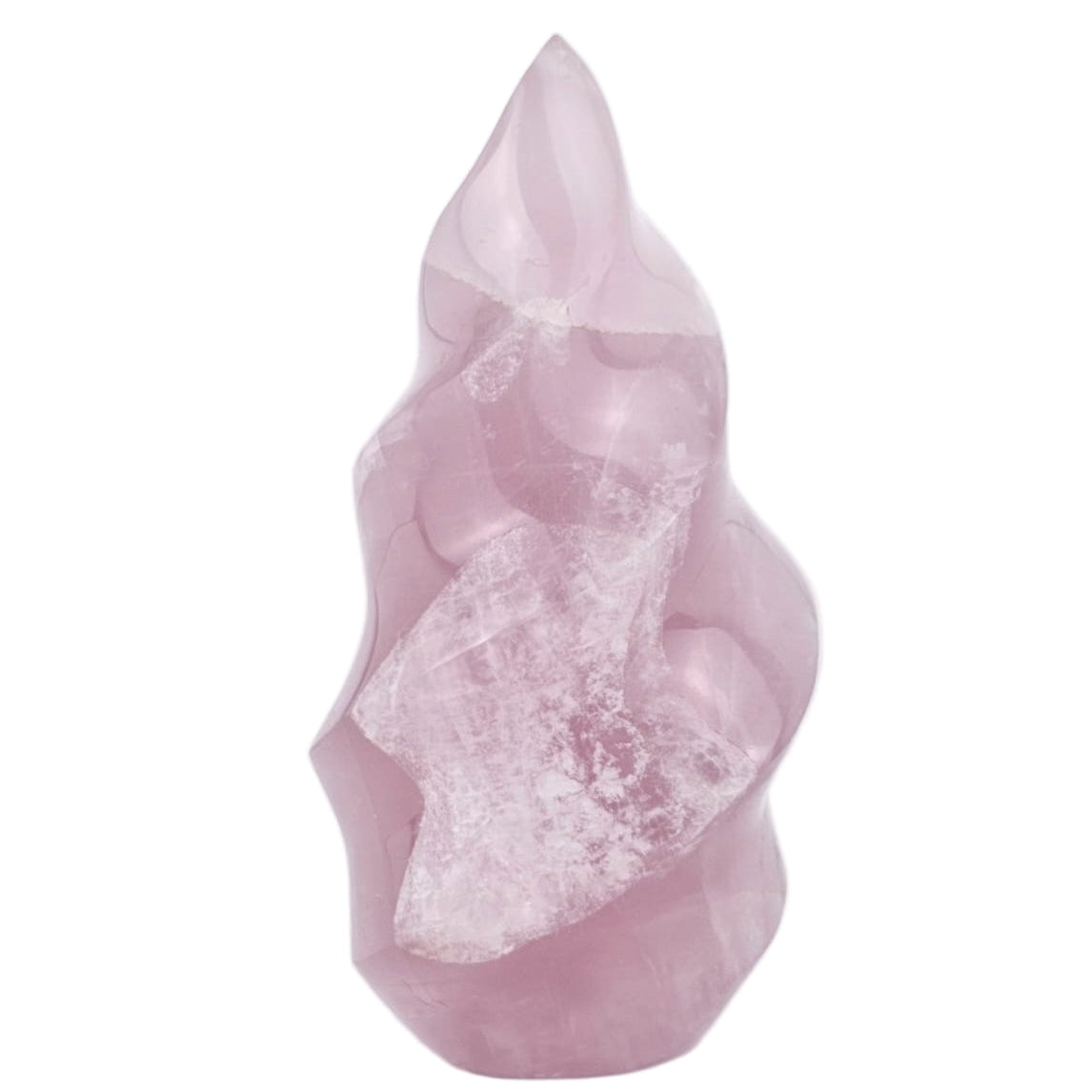 rose quartz flame sculpture on a white background