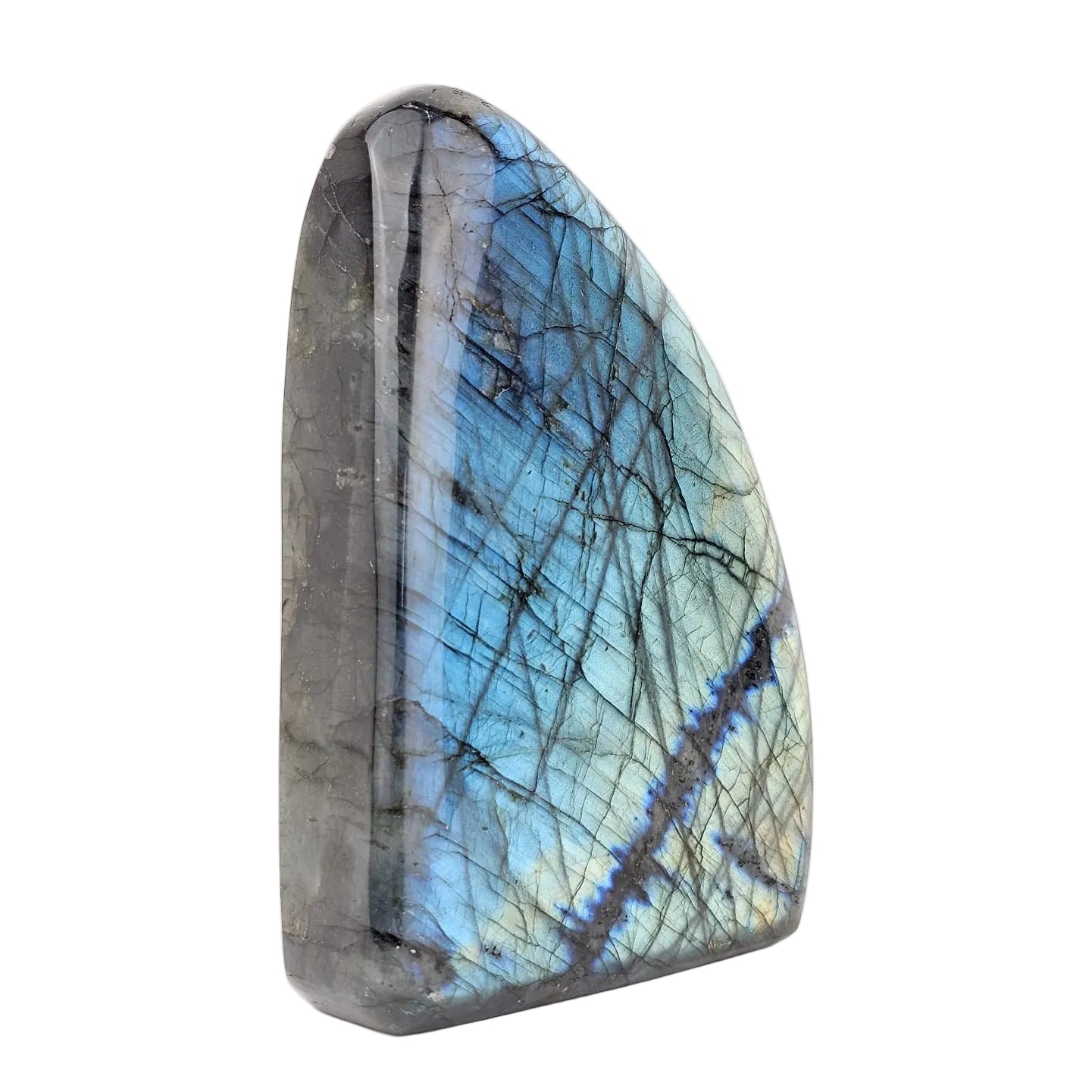Labradorite freeform crystal on a white background