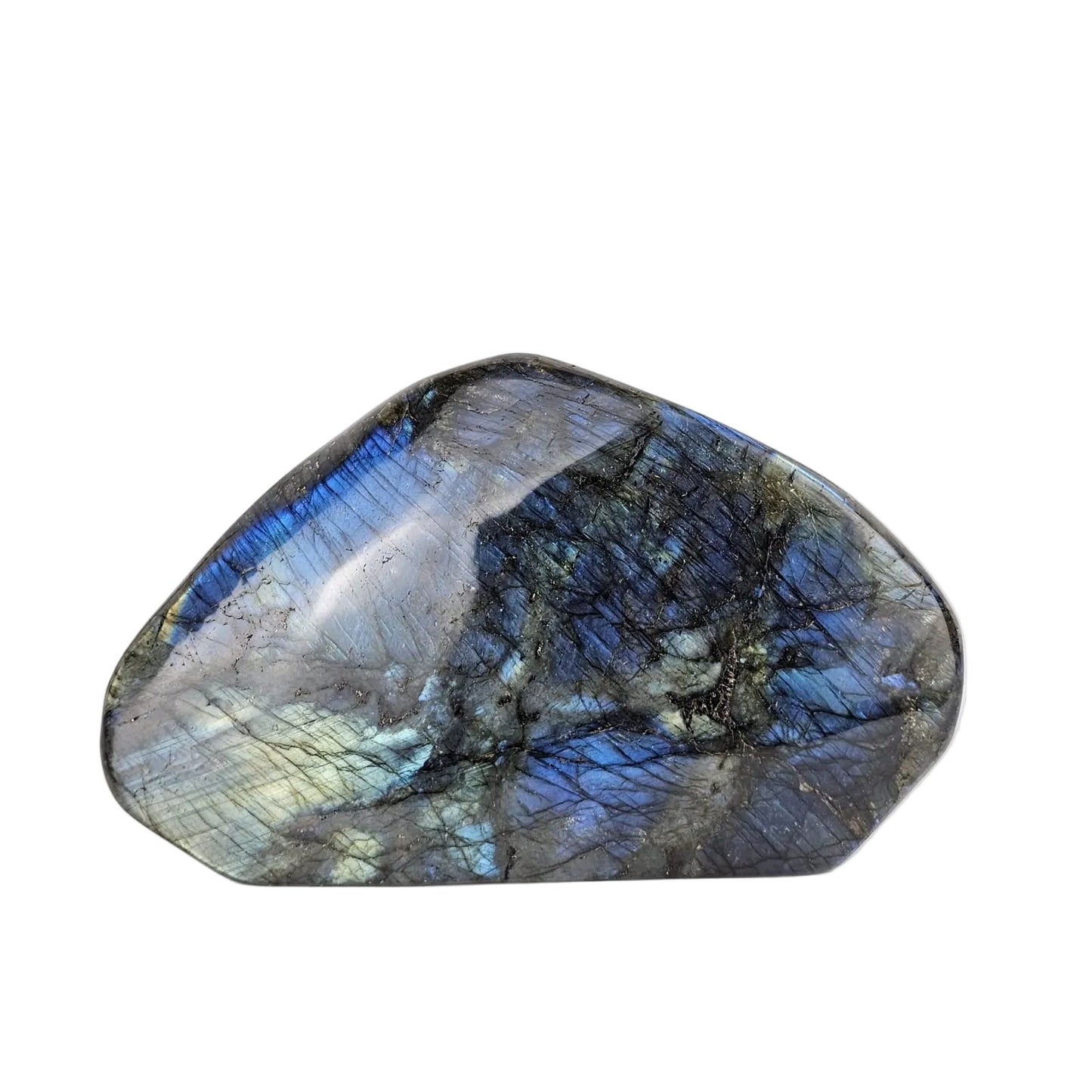 Labradorite stone with blue and green flash on a white background