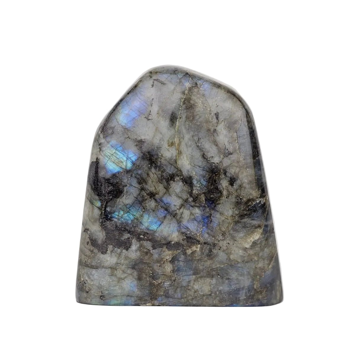 Labradorite stone with colorful flashes on a white background