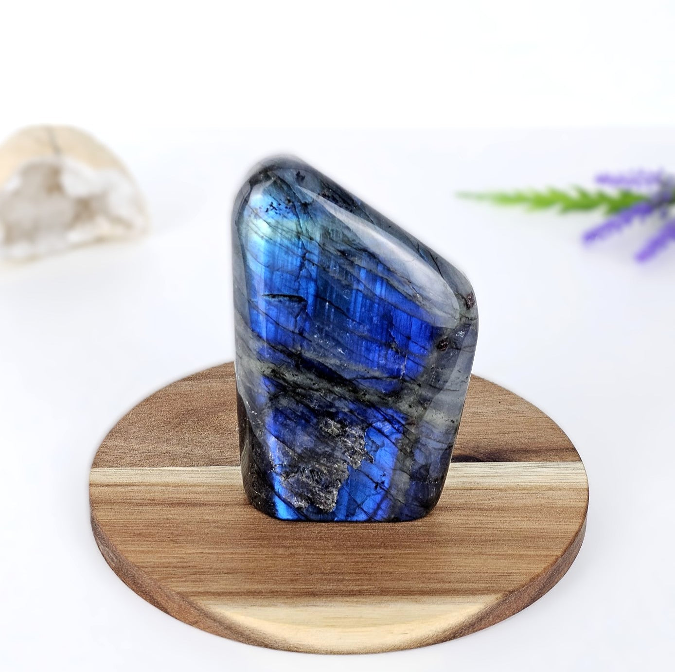 Labradorite on wooden stand
