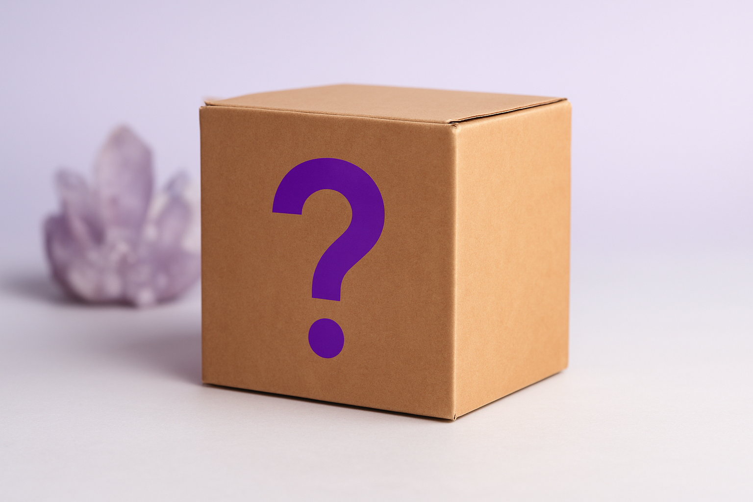 Mystery box with a purple question mark on a light background