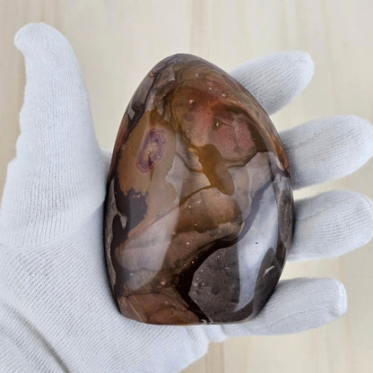 Polished polychrome jasper held in a white glove against a beige background