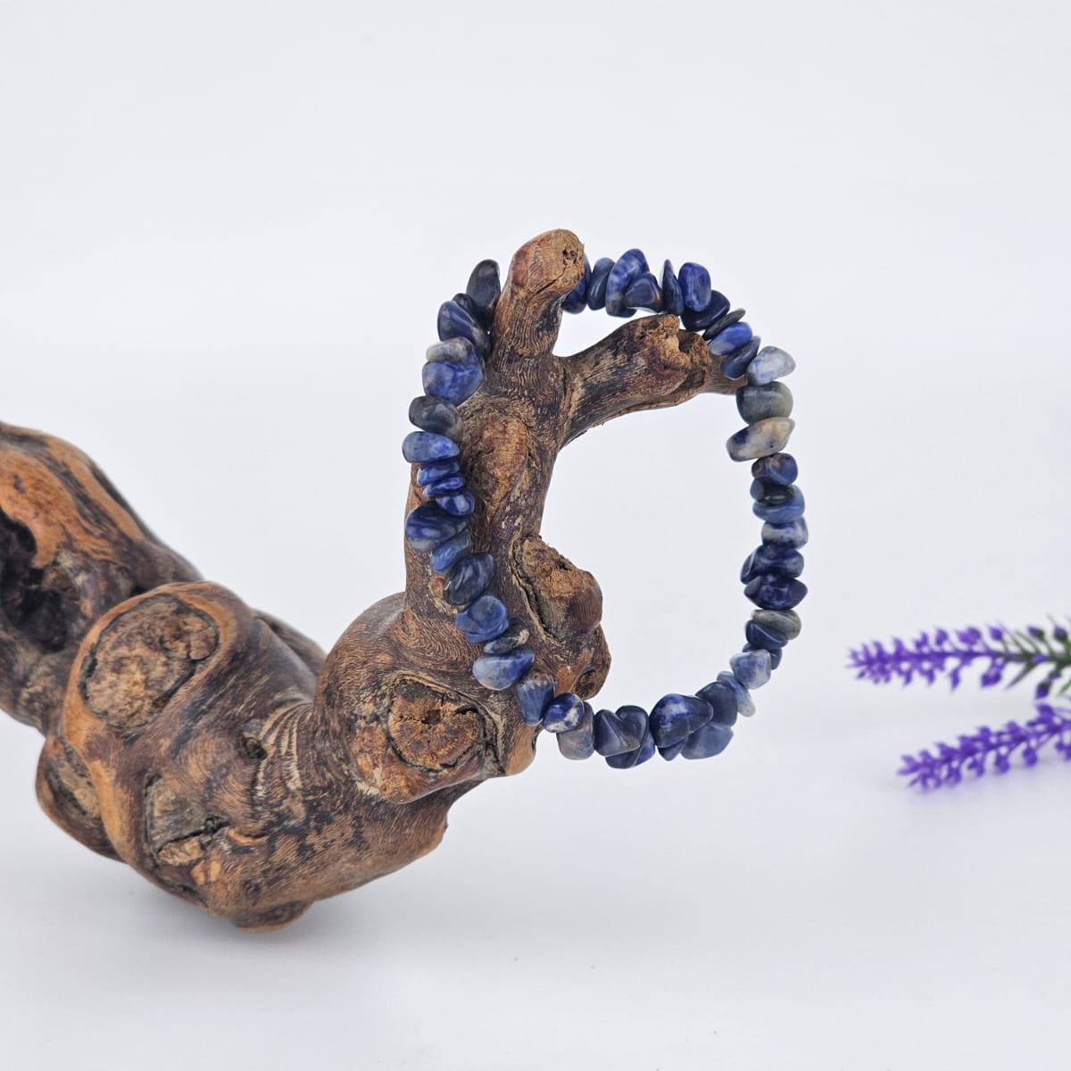 Sodalite beaded bracelet on a decorative wooden branch with a white background