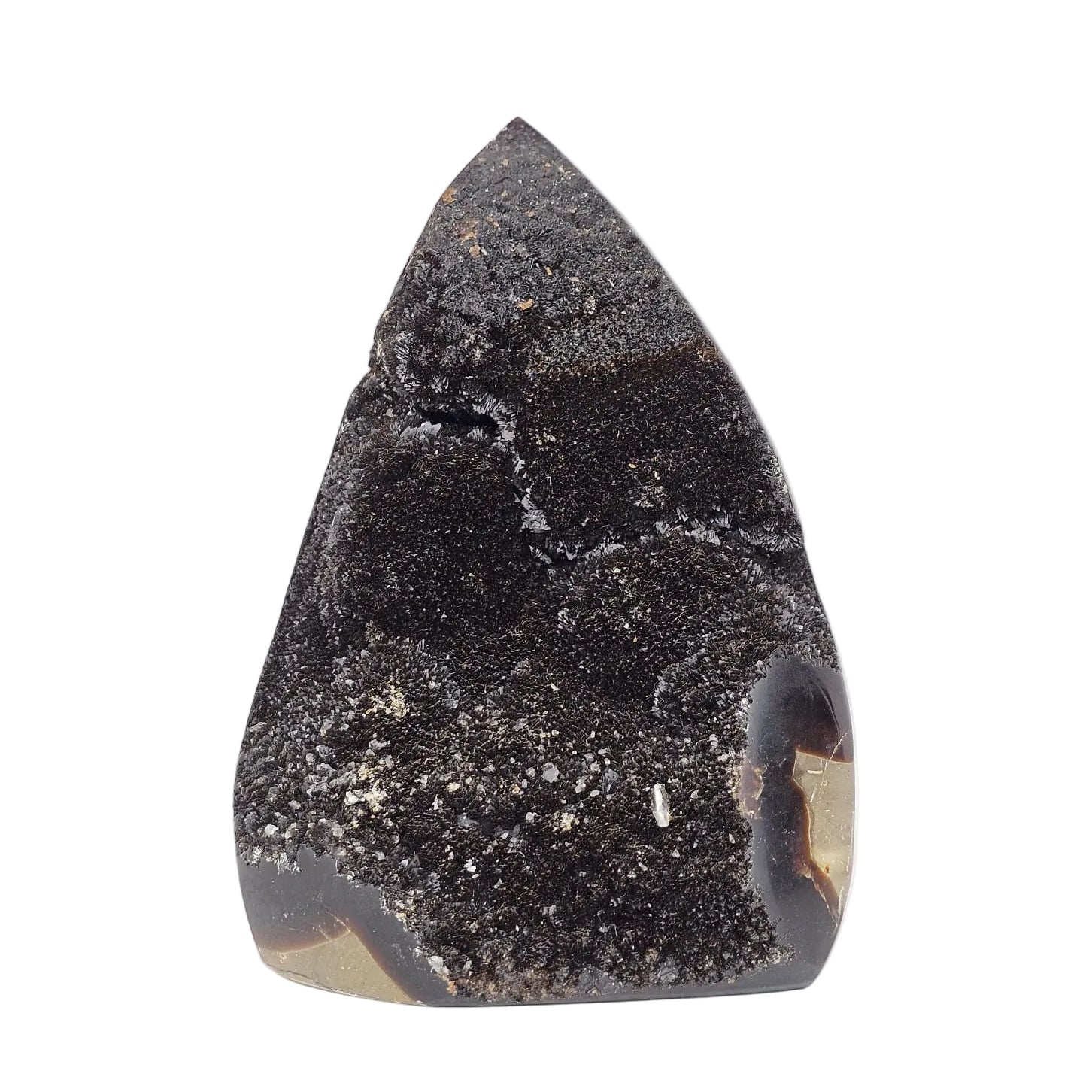 Septarian sculpture with aragonite crystals on a white background