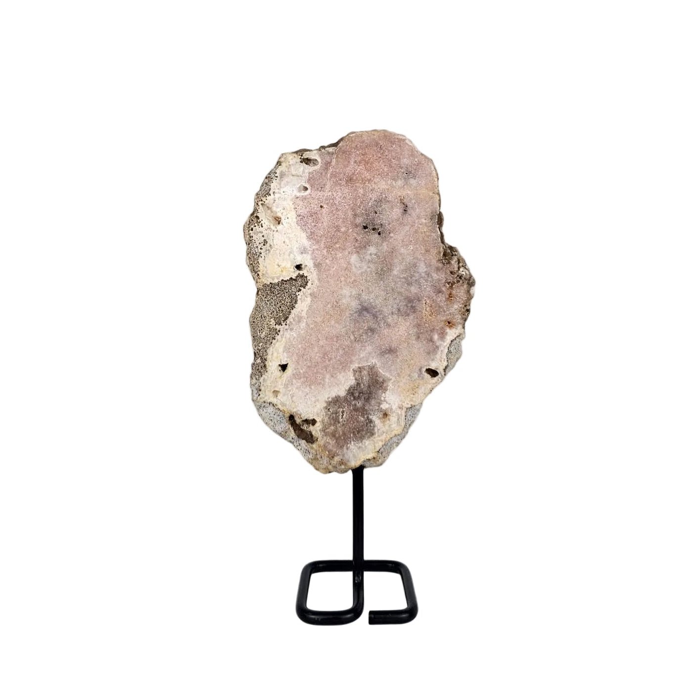 pink amethyst slab on a stand against a white background