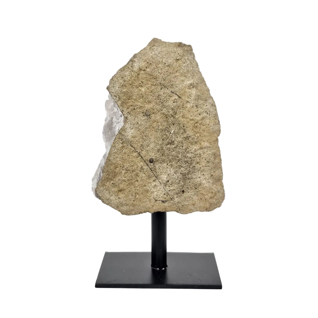 Back view amethyst cluster on a stand with a white background