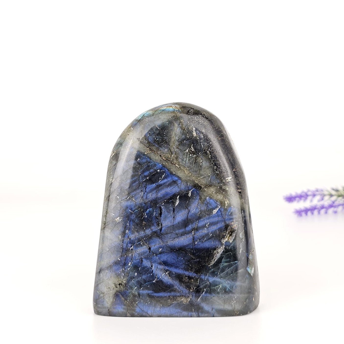 Labradorite crystal with blue and black patterns on a white background