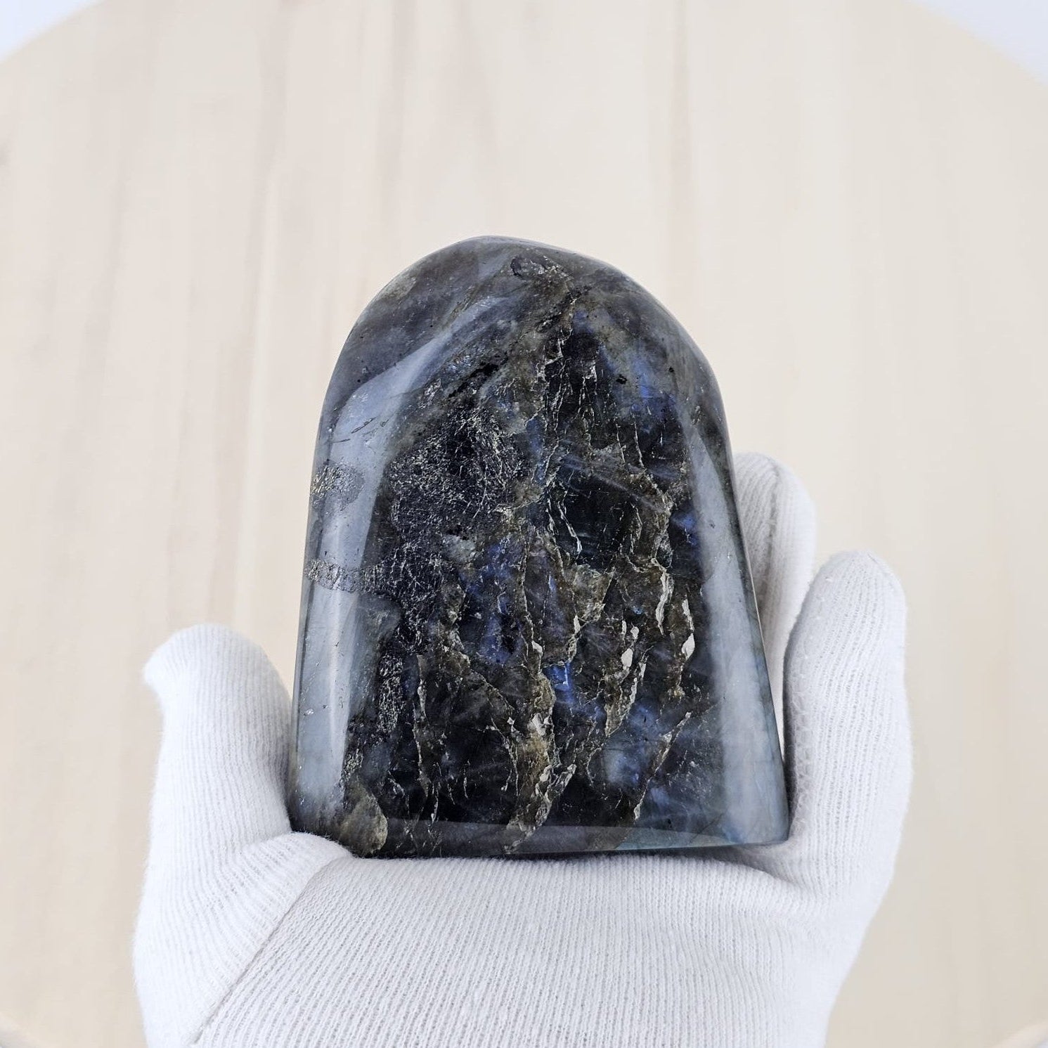 Labradorite freeform back view in gloved hand