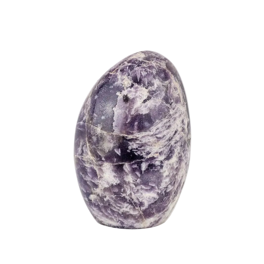 Purple and white lepidolite stone on a white background