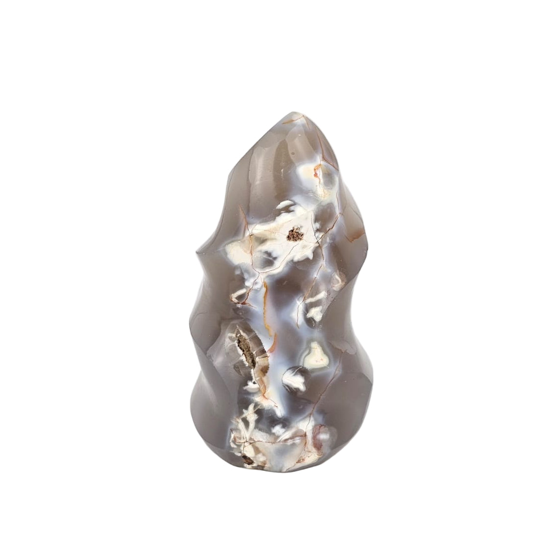 Orca agate flame sculpture on a white background